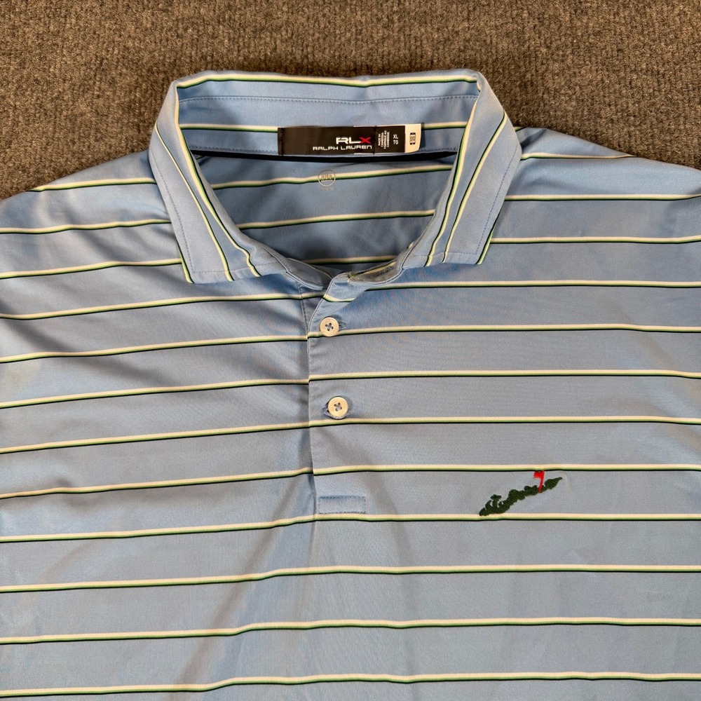 RLX Ralph Lauren Mens XL Blue Striped Wicking Golf Polo Shirt Short Sleeve #3911
